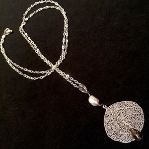 Delicate, Long Leaf And Bead Necklace